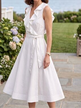 Lauren Jeans Co. Ralph Lauren White Ruffle Wrap Midi Dress Women’s Size 10 100%